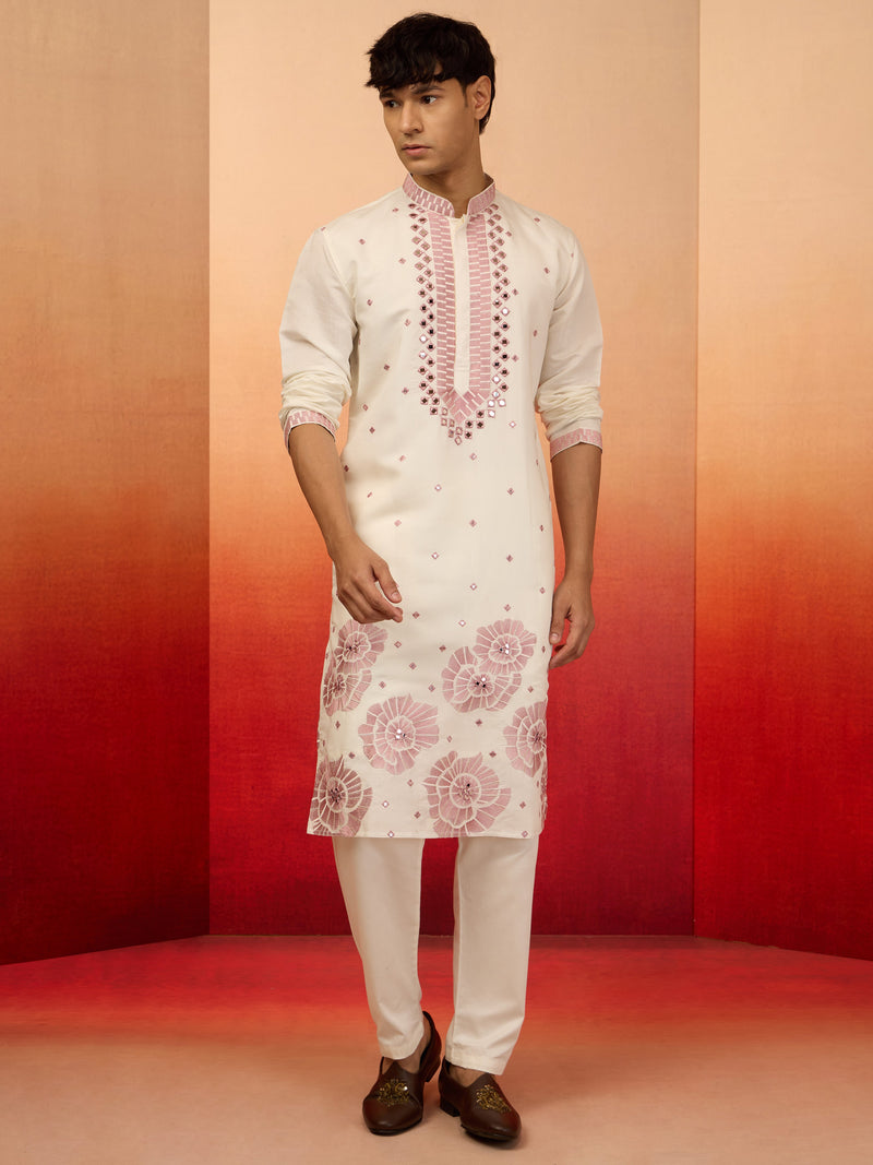Men's Onion Silk Blend Embroidered Kurta with Cream Pyjama