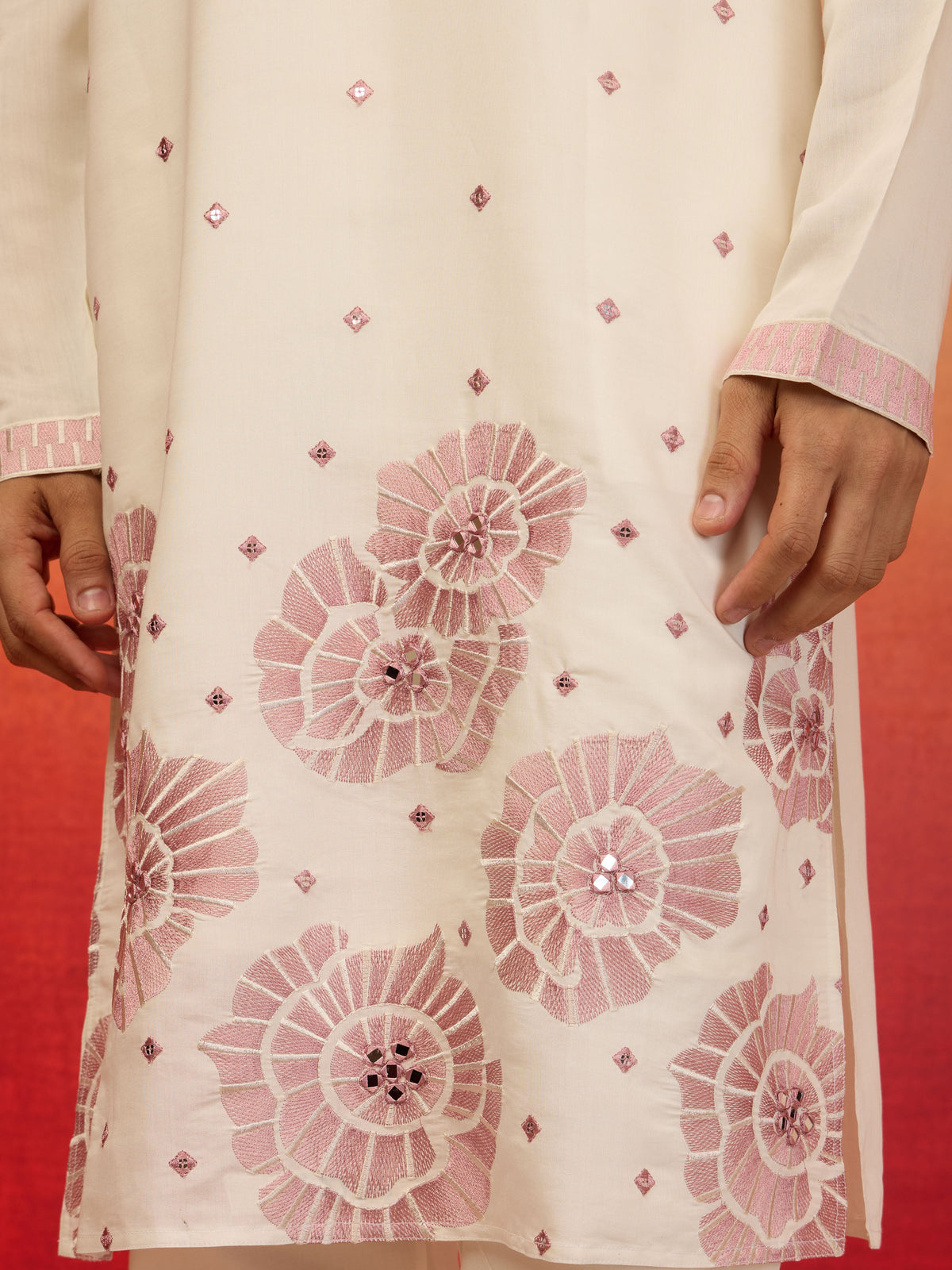 Men's Onion Silk Blend Embroidered Kurta with Cream Pyjama