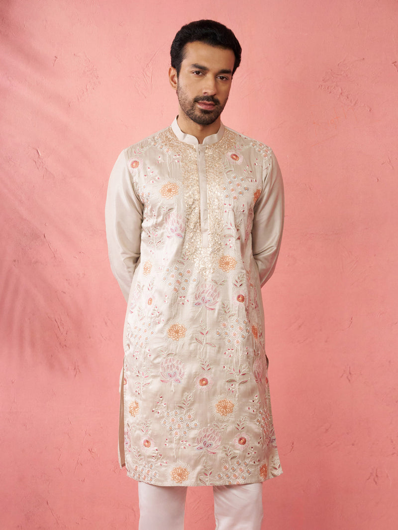Men's Grey Silk Blend Kurta