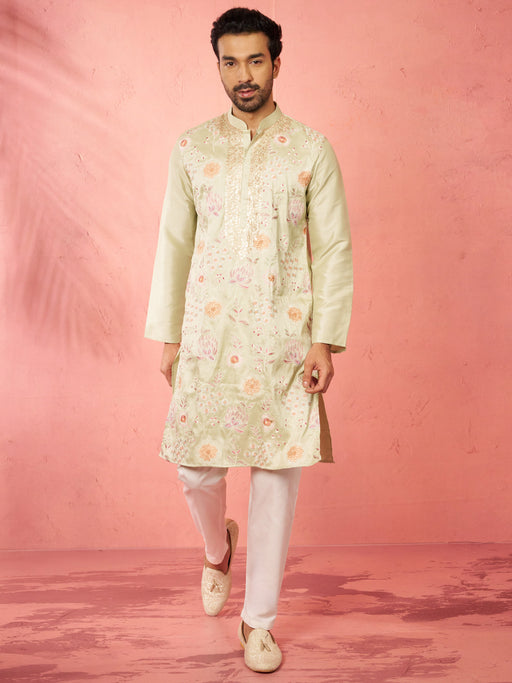 Men's Light Green Silk Blend Kurta with Cream Pyjama