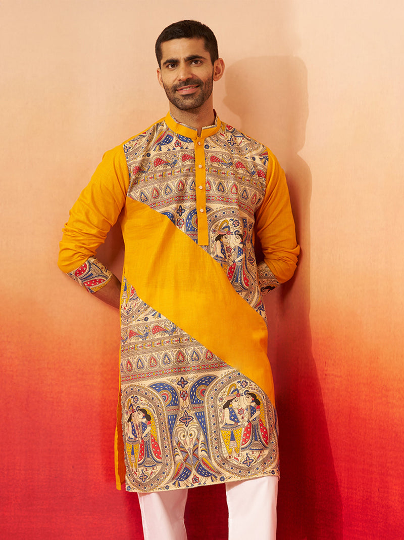Vastramay Men Yellow Cotton Digital Print Kurta