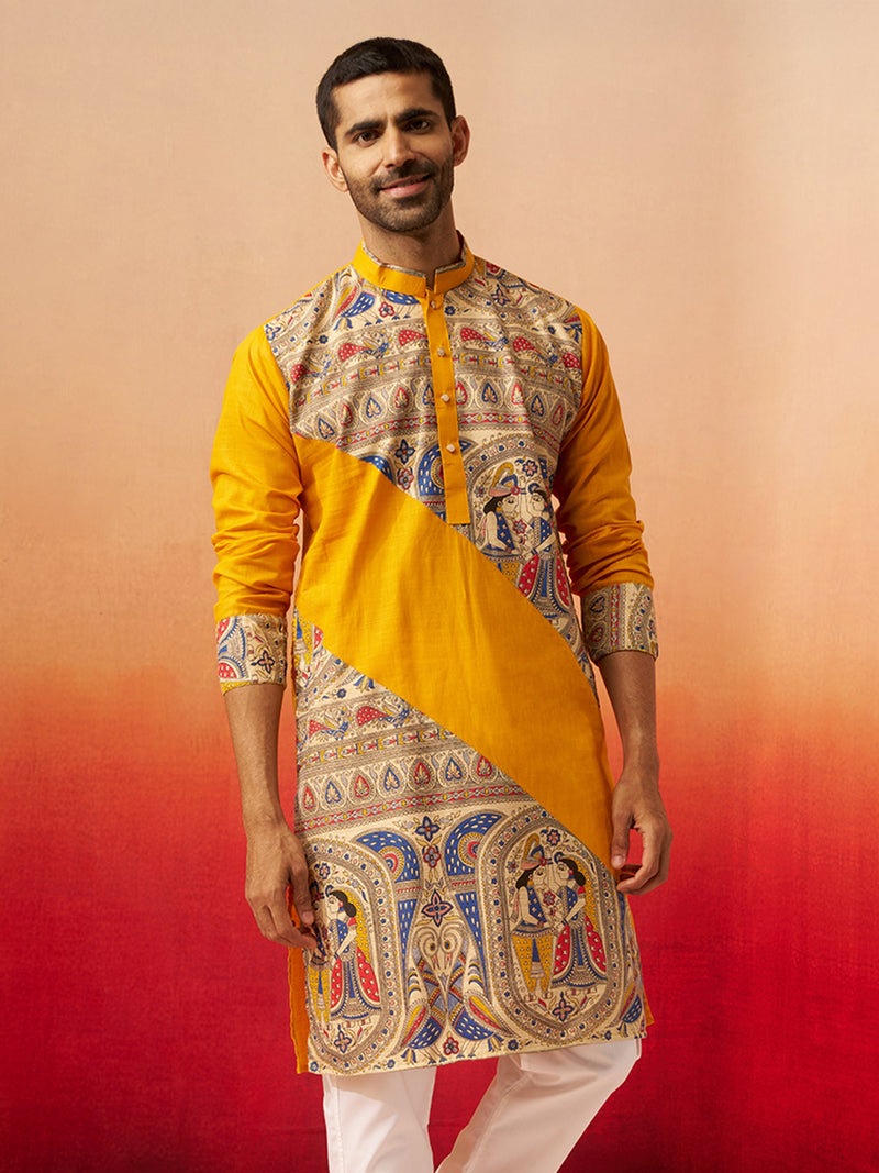 Vastramay Men Yellow Cotton Digital Print Kurta