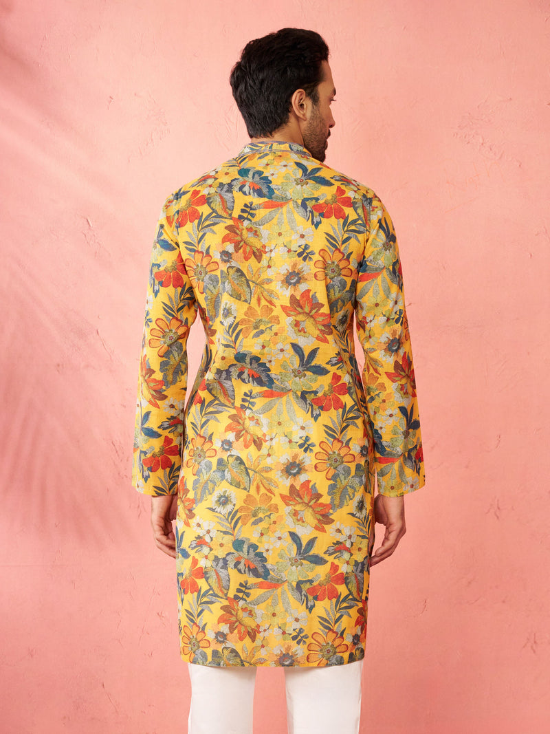 Men's Mustard Cotton Linen Long Kurta