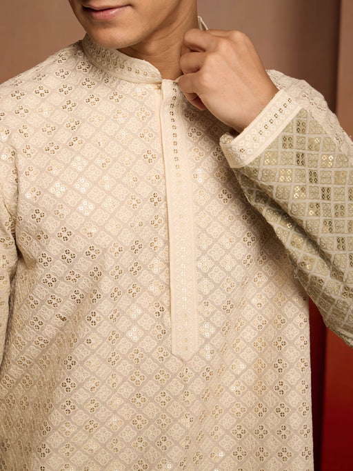 Men's Green Cotton Sequin Ombre Kurta with White Trousers