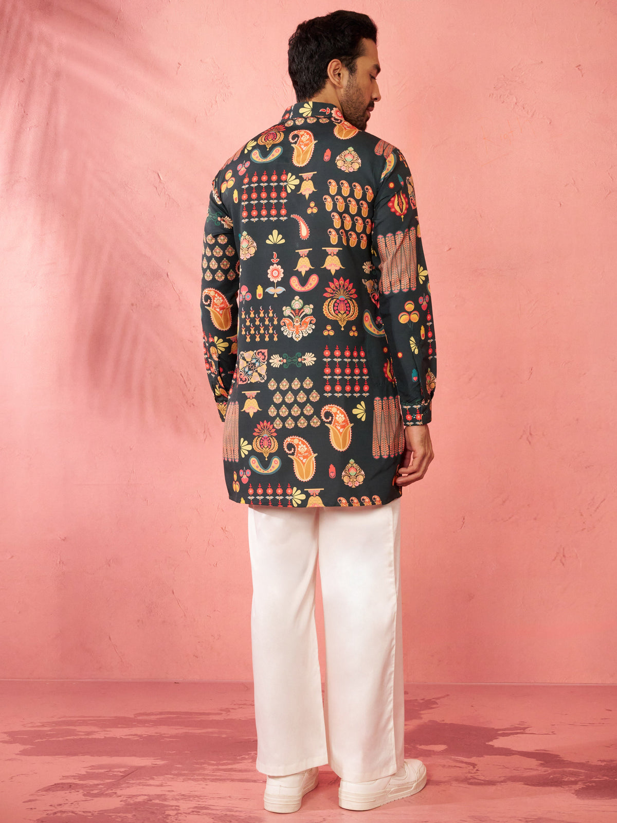Men's Bottle Green Digital Print Kurta with Cream Palazzo Set
