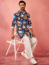 Men's Blue Digital Print Kurta with Cream Palazzo Set