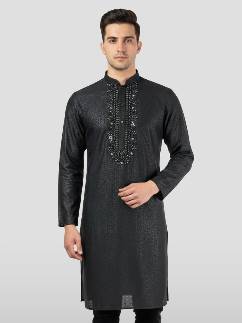 Men's Black Zudio Emboss Silk Kurta