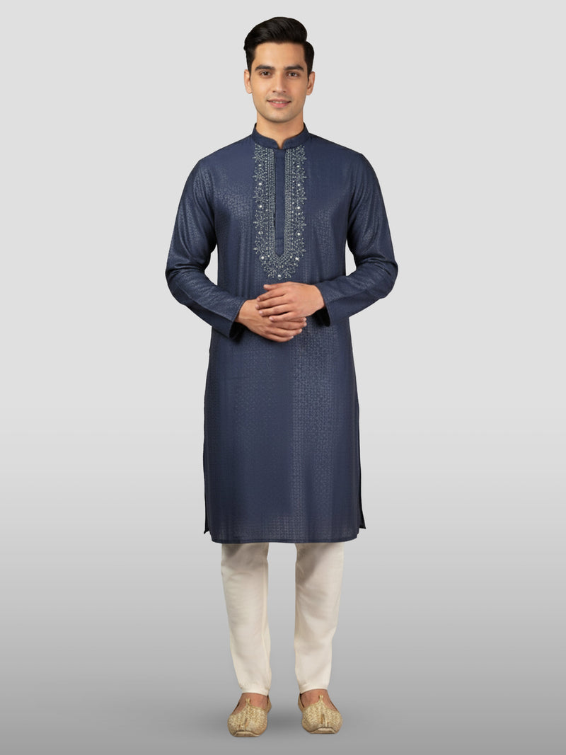 Men's Navy Blue Embroidered Kurta with Cream Pyjama