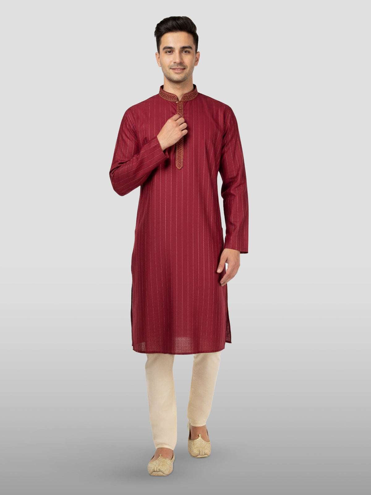 Men's Maroon Embroidered Kurta with Cream Pyjama
