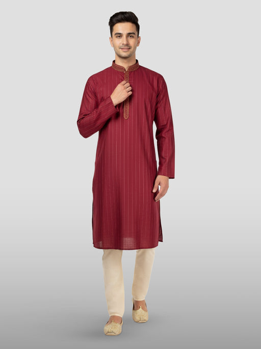 Men's Maroon Embroidered Kurta with Cream Pyjama