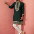 Men's Bottle Green Chanderi Kurta Set with Cream Pyjama