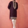 Men's Purple Chanderi Kurta Set with Cream Pyjama