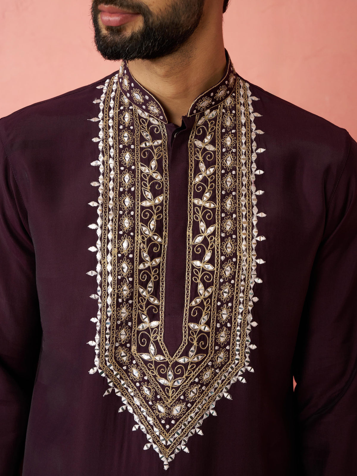 Men's Purple Chanderi Kurta Set with Cream Pyjama