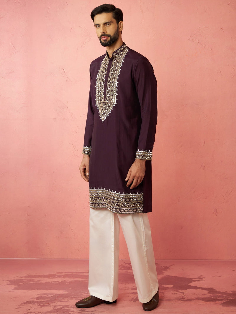 Men's Purple Chanderi Kurta Set with Cream Pant