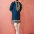 Men's Turquoise Chanderi Kurta Set with Cream Pyjama