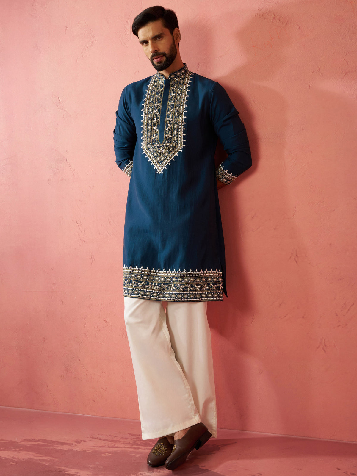 Men's Turquoise Chanderi Kurta Set with Cream Pant