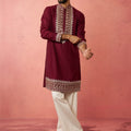 Men's Wine Chanderi Kurta Set with Cream Pant
