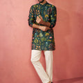 Men's Bottle Green Digital Print Kurta with Cotton Pyjama Set
