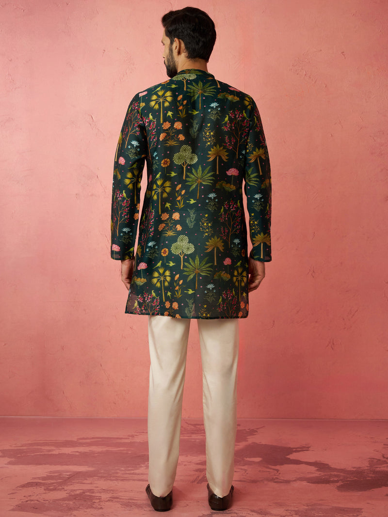 Men's Bottle Green Digital Print Kurta with Cotton Pyjama Set