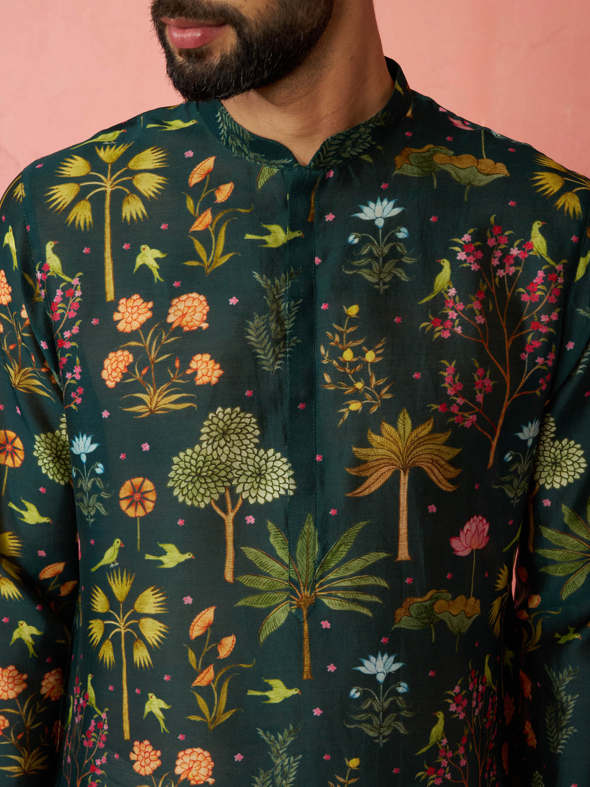 Men's Bottle Green Digital Print Kurta with Cream Satin Palazzo Set