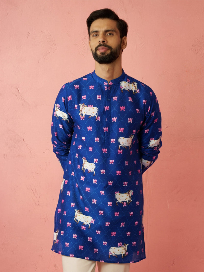 Men's Rayon Full Slevee Blue Kurta