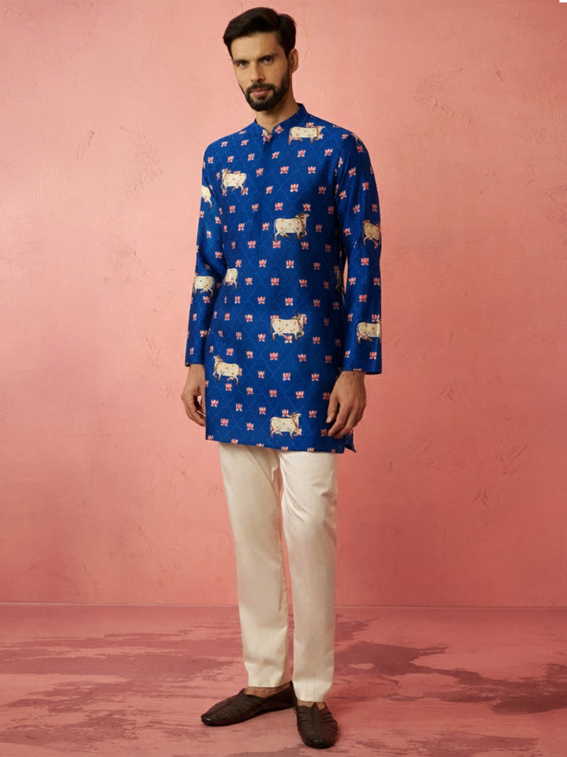 Men's Blue Digital Print Kurta with Cream Cotton Pyjama