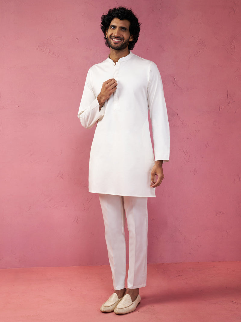 Men's Cream Fine Satin Kurta Set with Matching Pant