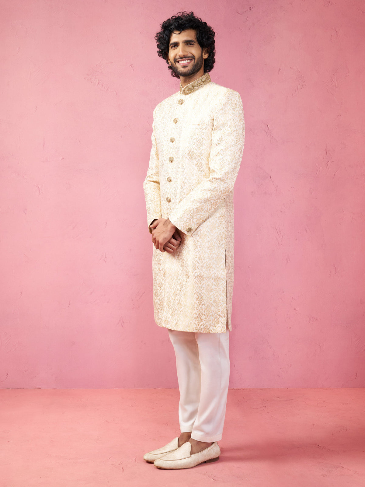 Men's Beige Silk Blend Sherwani Set with Cream Pyjama