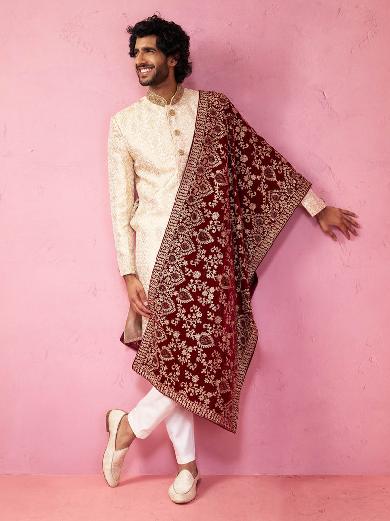 Men's Beige Sherwani Set with Cream Pyjama & Maroon Velvet Dupatta