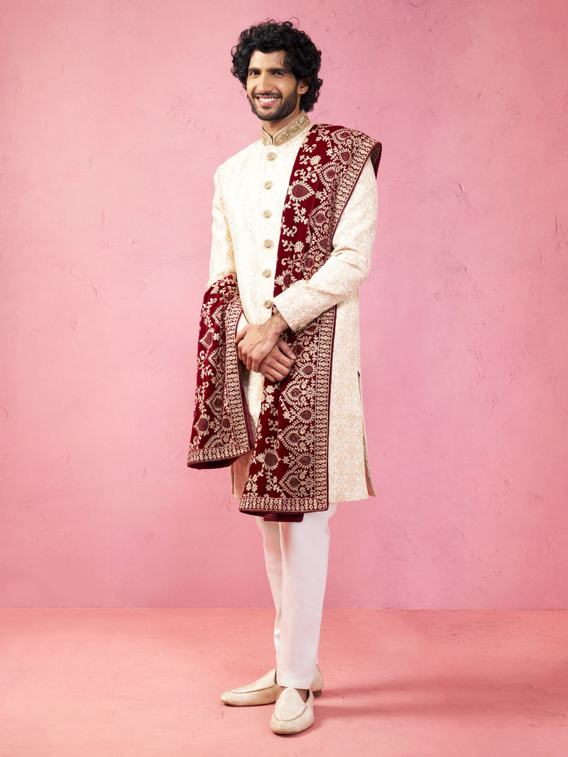 Men's Beige Sherwani Set with Cream Pyjama & Maroon Velvet Dupatta