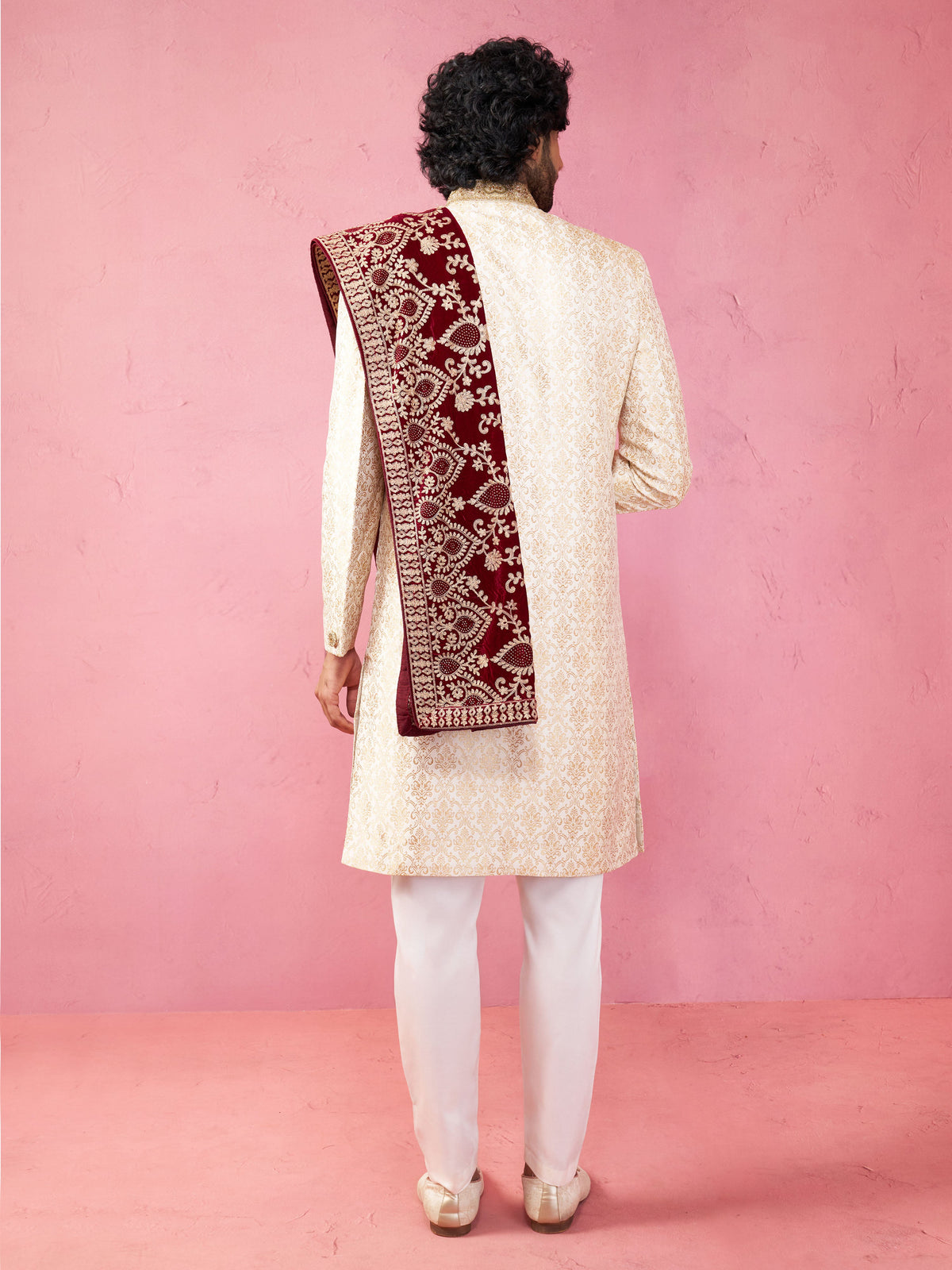Men's Beige Sherwani Set with Cream Pyjama & Maroon Velvet Dupatta