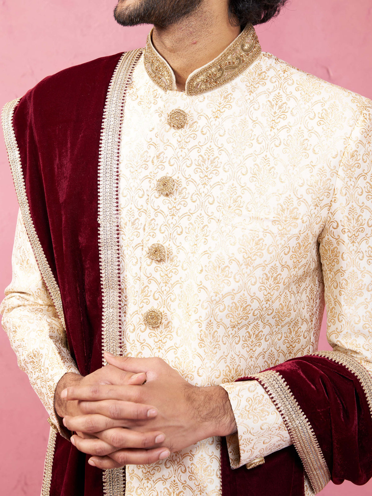 Men's Beige Silk Sherwani Set with Pyjama & Velvet Dupatta