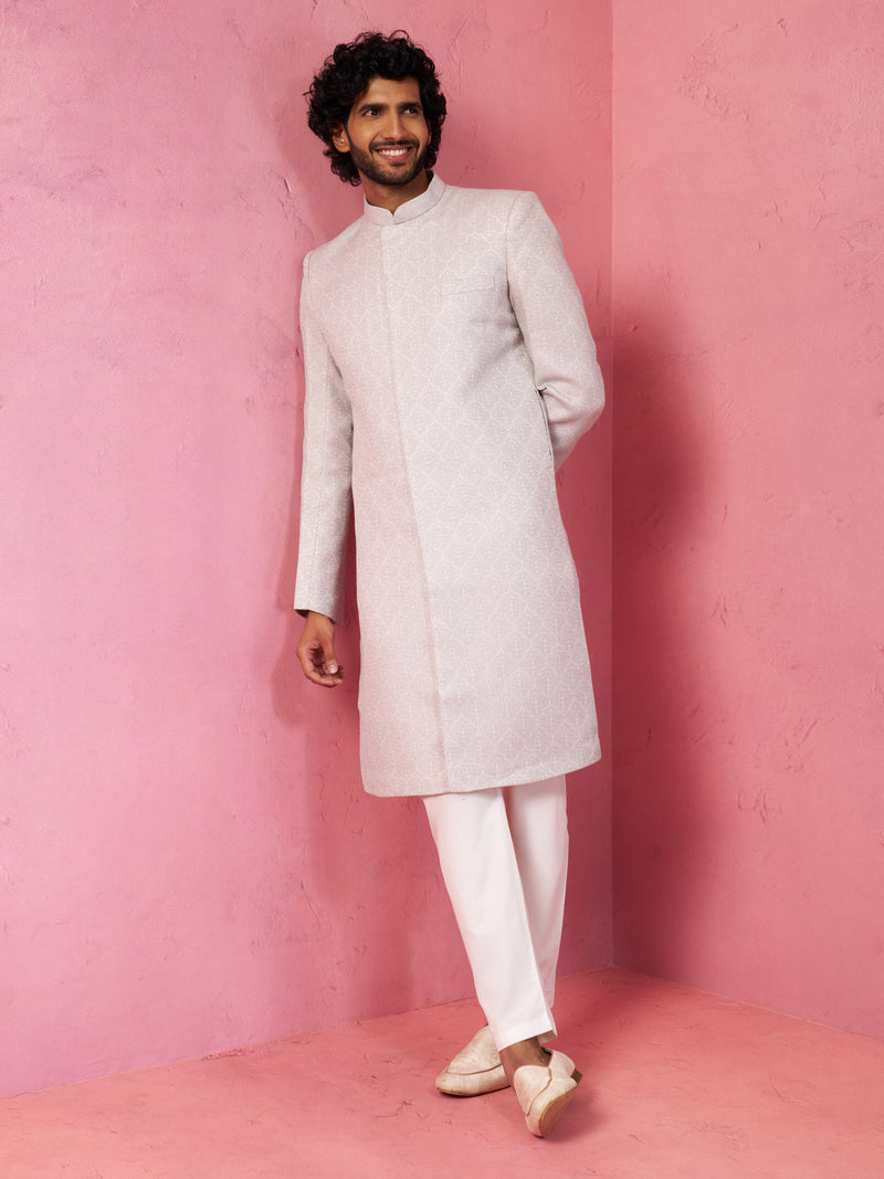 Men's Grey Silk Blend Sherwani Set with Cream Pyjama
