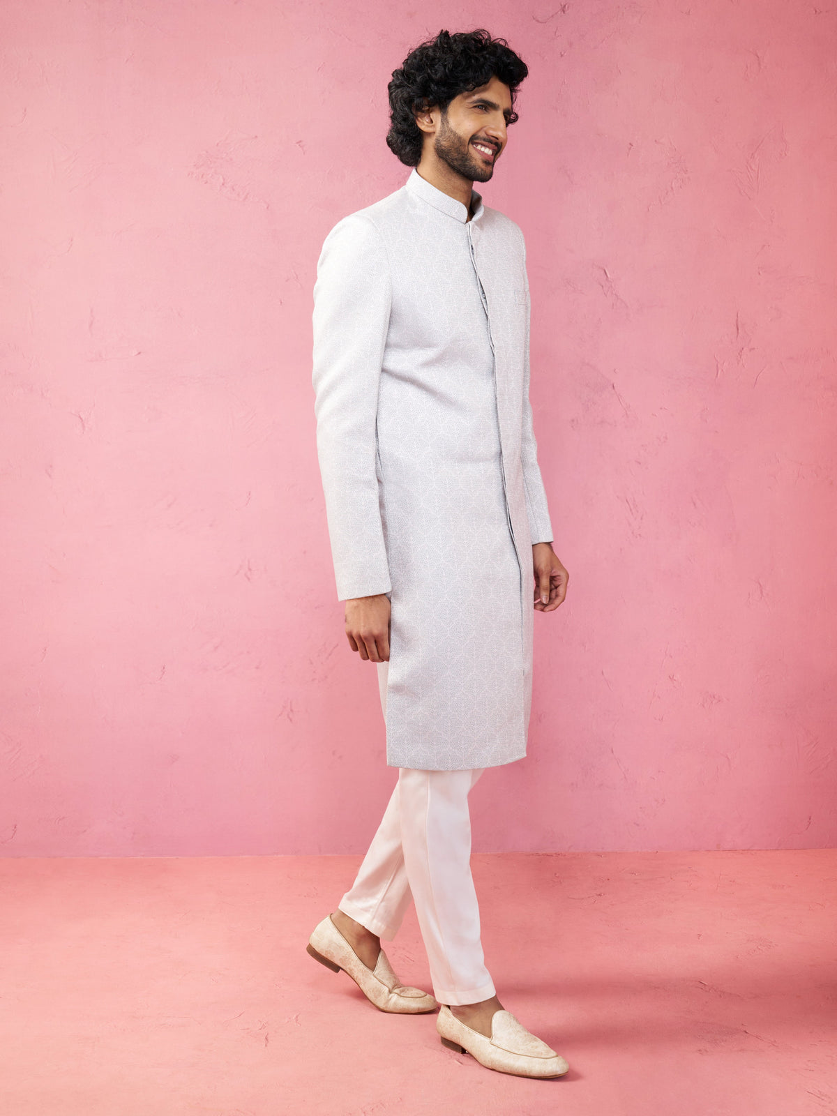 Men's Grey Silk Blend Sherwani Set with Cream Pyjama
