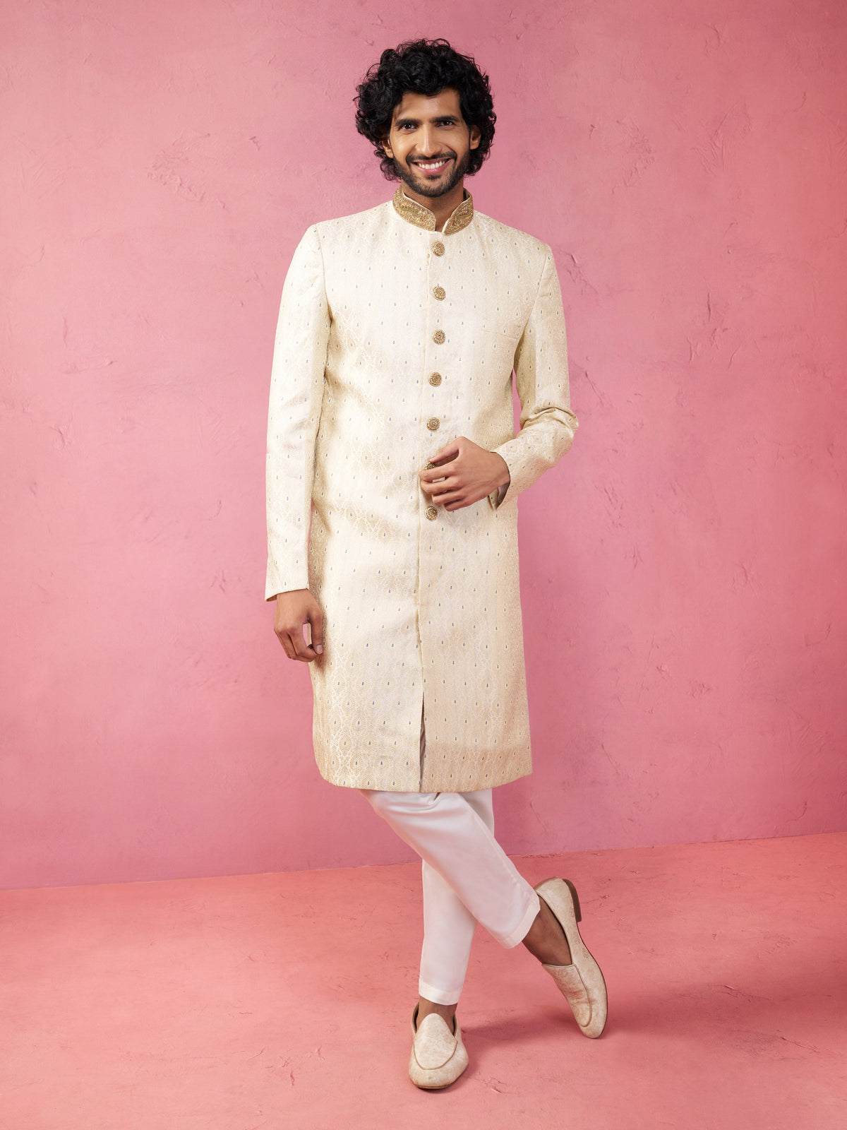 Men's Royal Blue Sherwani Set with Cream Pyjama