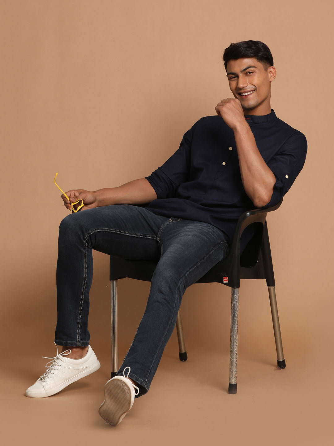 Men's Navy Blue Short Cotton Kurta