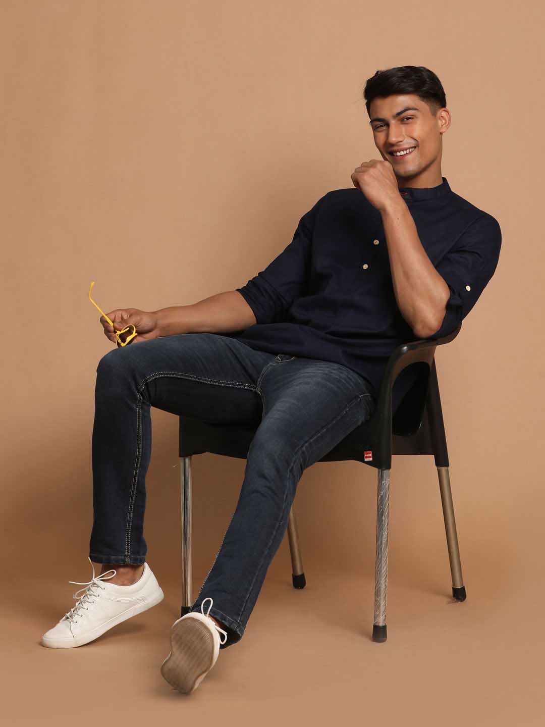 Men's Navy Blue Short Cotton Kurta