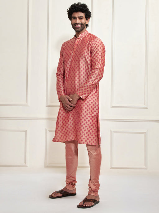 VASTRAMAY Men's Pink Cotton Silk Blend Kurta