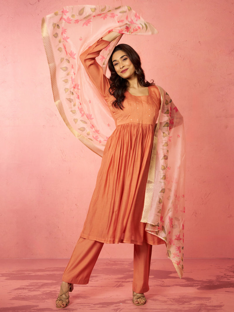 Women's Peach Silk Anarkali Kurta Set