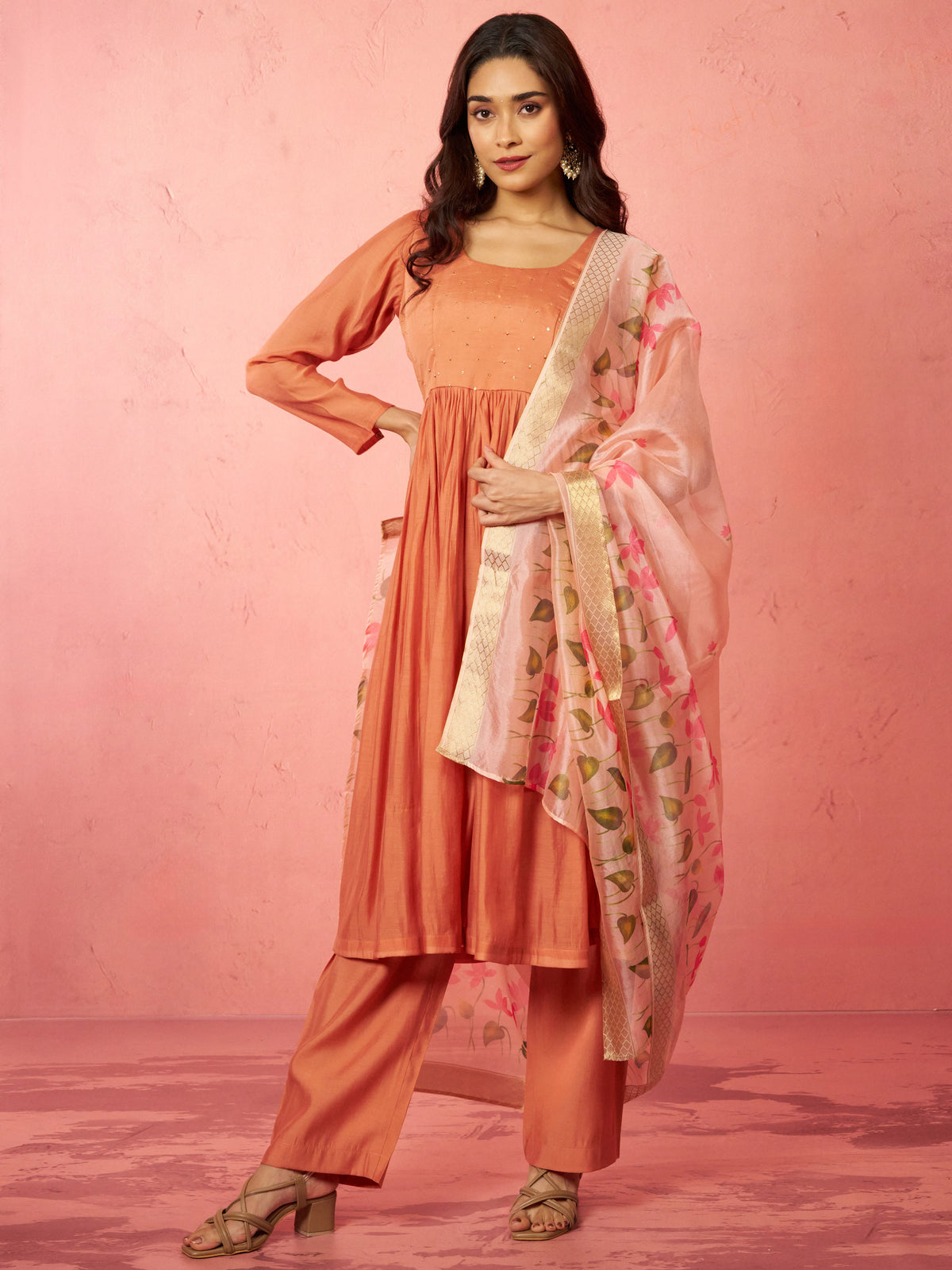 Women's Peach Silk Anarkali Kurta Set
