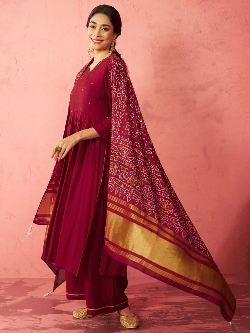 Women's Maroon Rayon Anarkali Kurta Set
