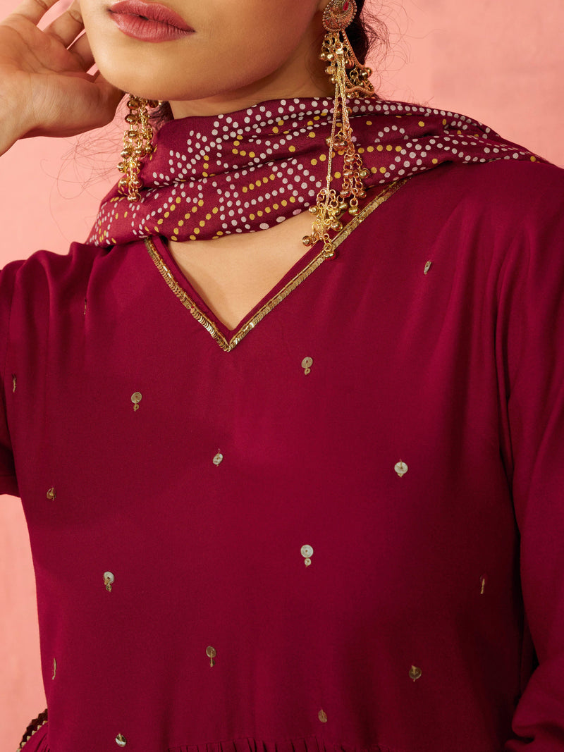 Women's Maroon Rayon Anarkali Kurta Set