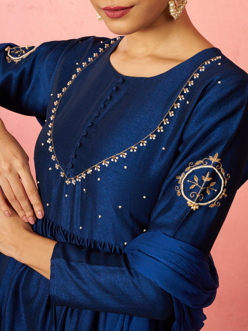 Women's Blue Silk Anarkali Kurta Set