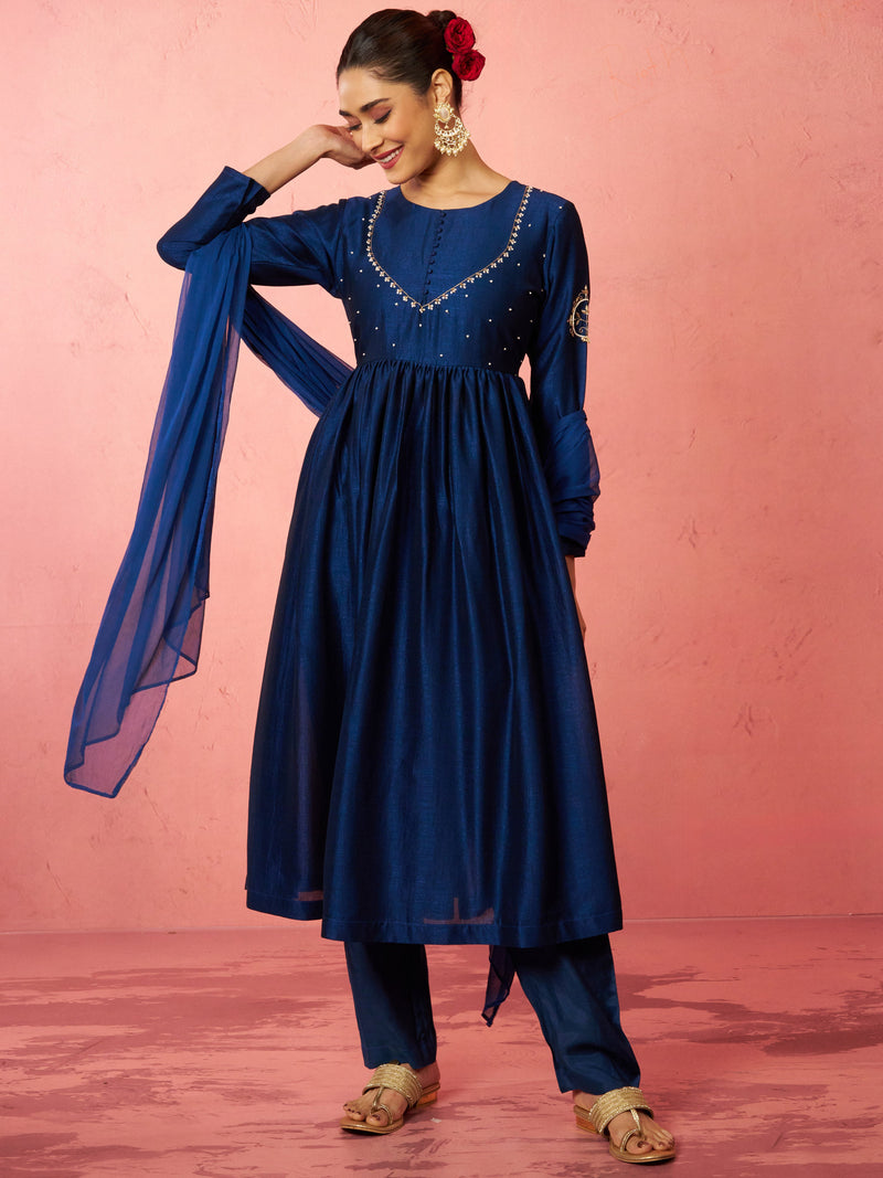 Women's Blue Silk Anarkali Kurta Set