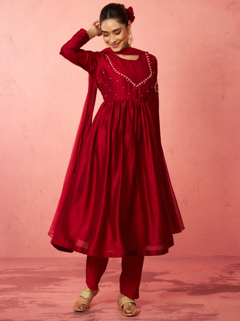 Women's Maroon Silk Anarkali Kurta Set