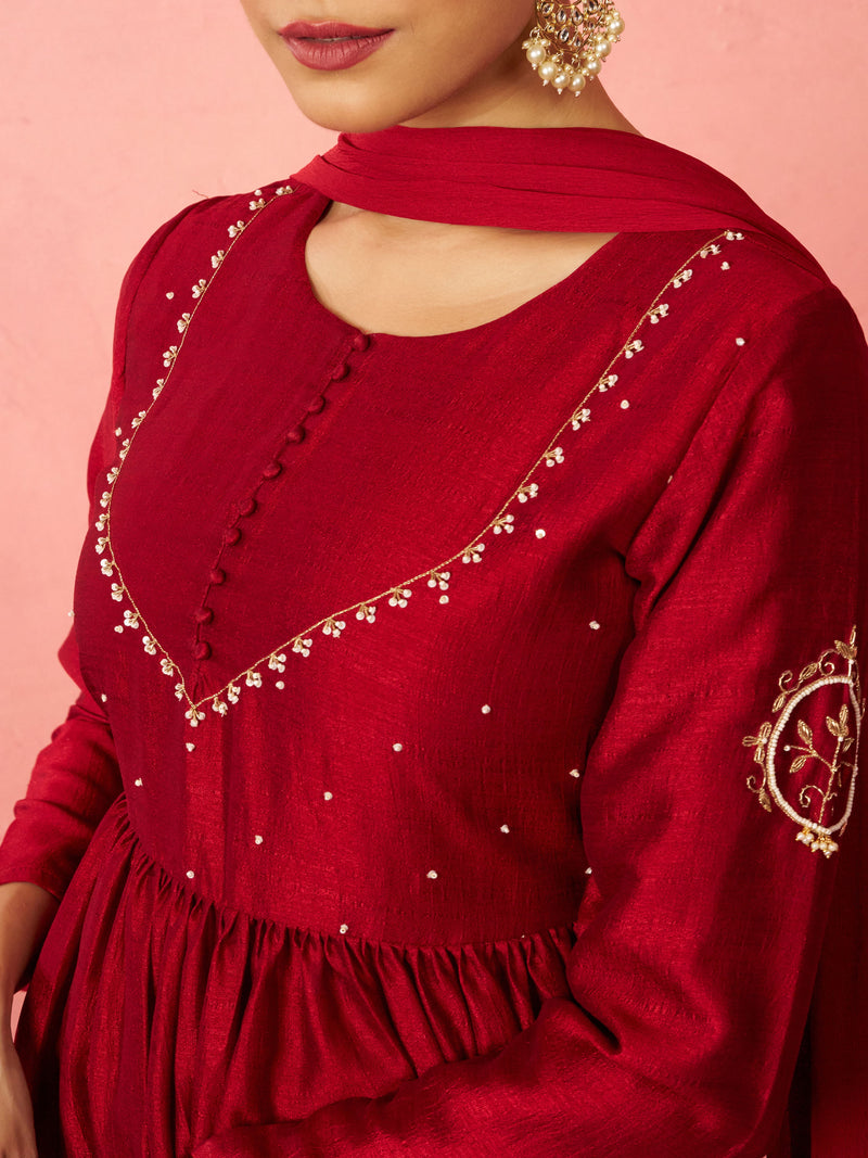 Women's Maroon Silk Anarkali Kurta Set