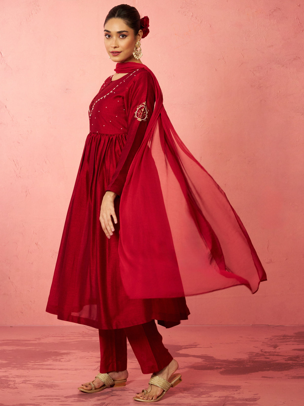 Women's Maroon Silk Anarkali Kurta Set
