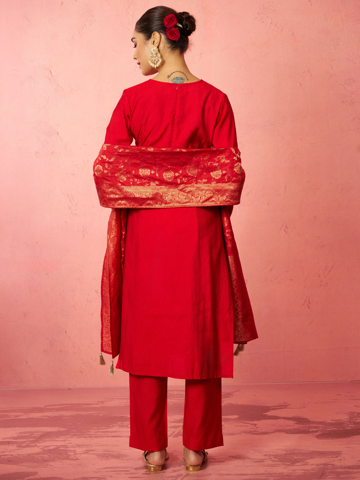 Women's Red Cotton Straight Kurta Set