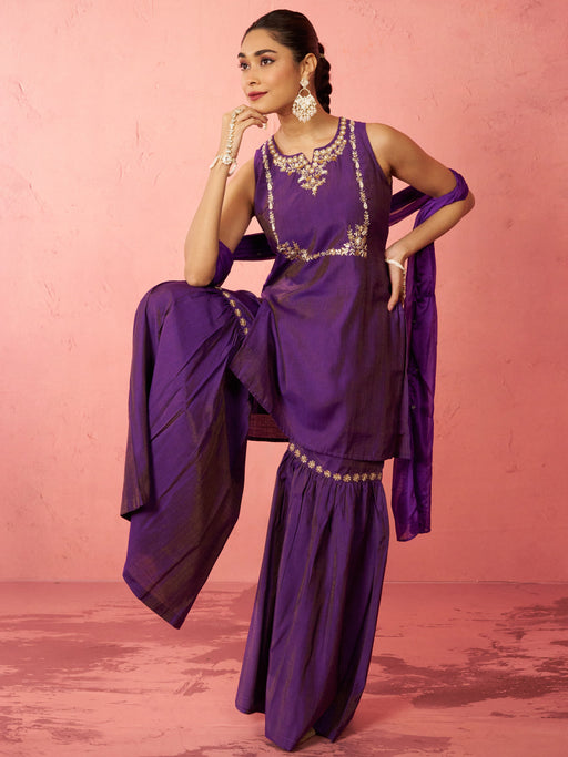 Women's Purple Cotton Kurta Sharara Set