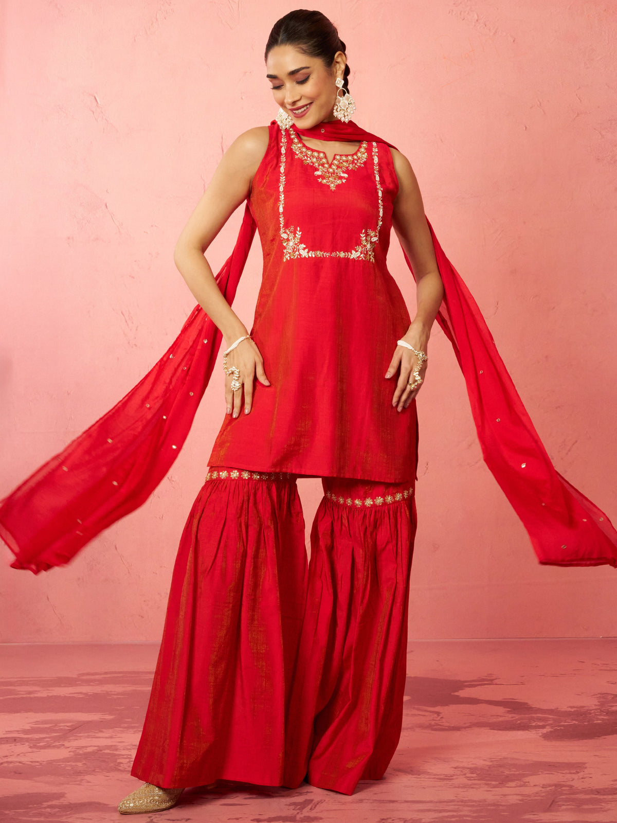 Women's Red Cotton Kurta Sharara Set